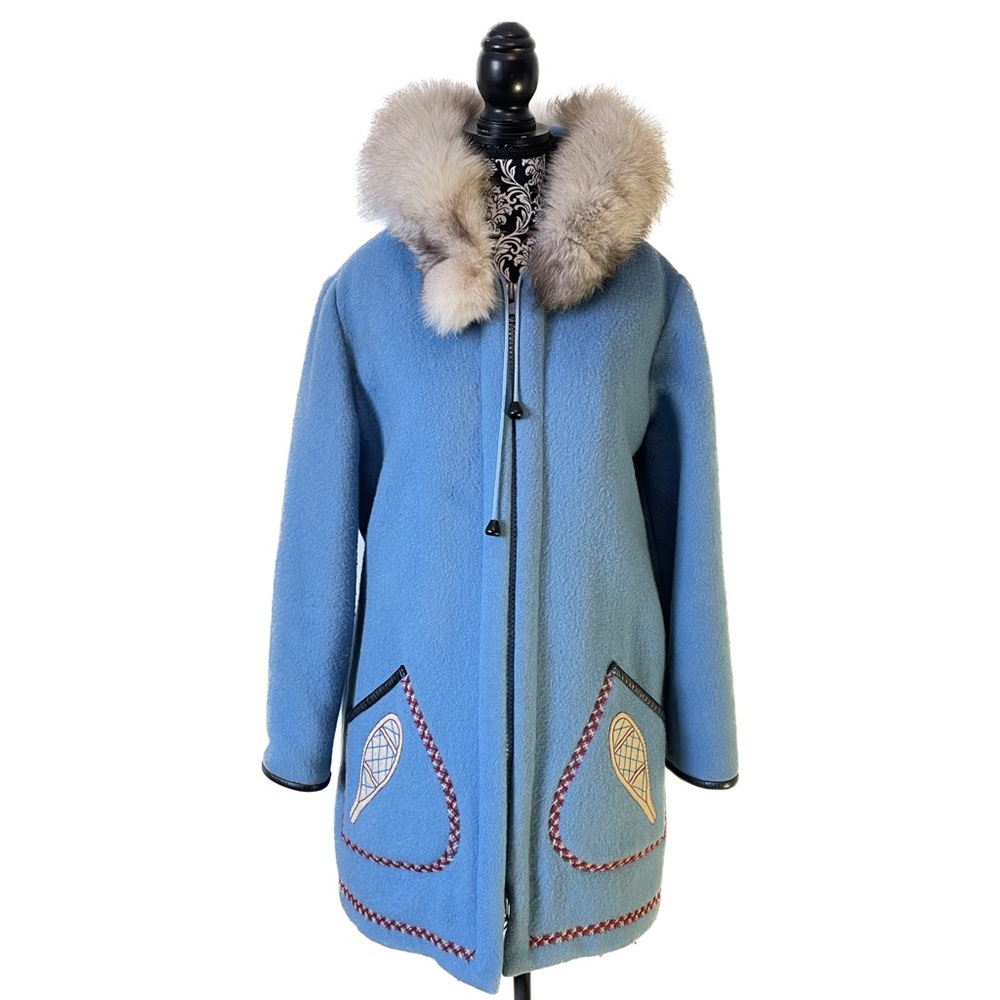 Vintage Wool Fur JAMES BAY Inuit Parka Sky Blue Coat 1970s Boho Heritage Jacket